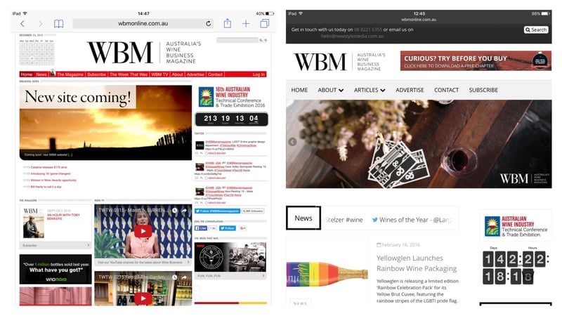 The old Wine Business Magazine site against the new